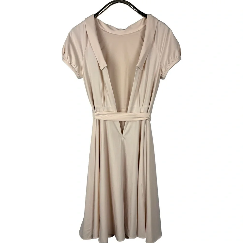 GAL MEETS GLAM ELEANOR PUFF SLEEVE TIE WAIST CREAM SATIN TWILL DRESS